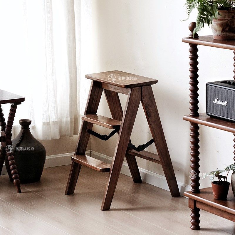 宿藤全实木榆木梯凳家用台阶脚踏梯子两用架边几三步梯,淘宝优惠券,粉丝福利购,淘宝优惠卷