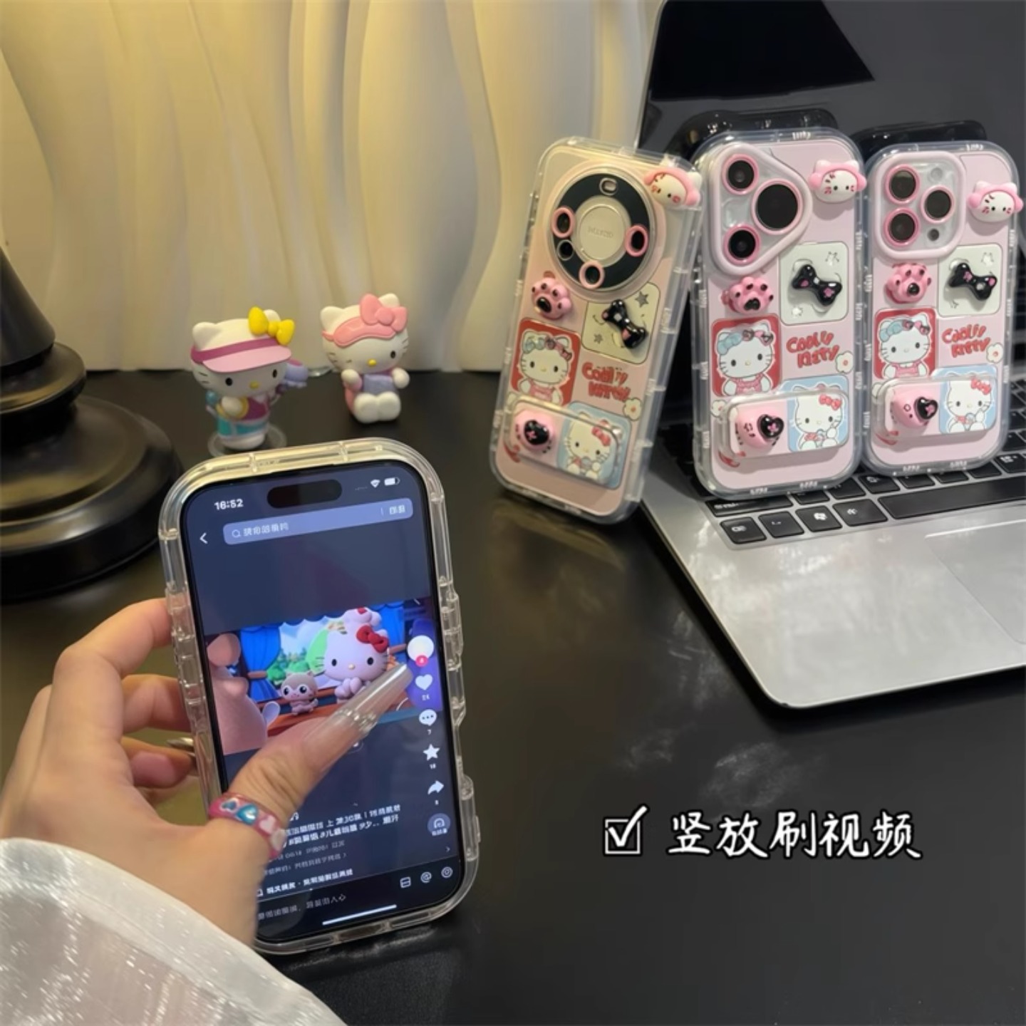 耳机KT猫镜子支架适用苹果16promax手机壳华为mate60pro全包pura70防摔OPPOReno14可爱vivos30女小米15/14/13 - 图2