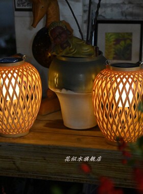 创意仿竹编太阳能灯n笼挂件装饰吊件镂空摆件墙挂壁挂挂灯花园庭