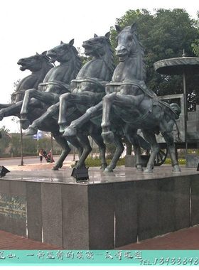 古代人物将军打仗铸铜雕像景观园林大型玻璃钢仿铜战马雕塑定制