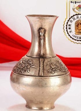 西藏红家居复古工艺品摆件手工雕刻富贵牡丹花龙头大肚藏银花瓶