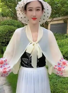 2026新款夏季雪纺防晒灯笼袖披肩刺绣百搭户外遮阳空调衫宽袖骑行