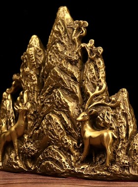 纯黄铜双a鹿大靠山路路畅通发财泰山五指山梅花鹿青山绿水金山摆