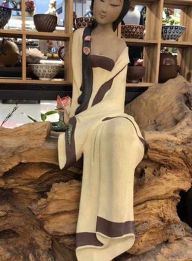 石湾陶持莲荷花仕女陶瓷创意摆件手工红木家具茶庄办公室装饰陈设