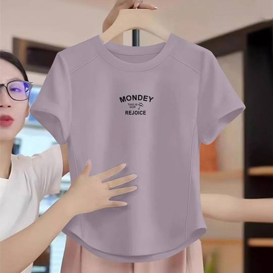 夏季纯棉鱼骨弧形短袖T恤女韩版洋气减龄百搭宽松遮肉显瘦上衣服