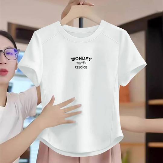 夏季纯棉鱼骨弧形短袖T恤女韩版洋气减龄百搭宽松遮肉显瘦上衣服