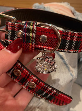 美式高校圣诞红格子皮革项圈Y2K