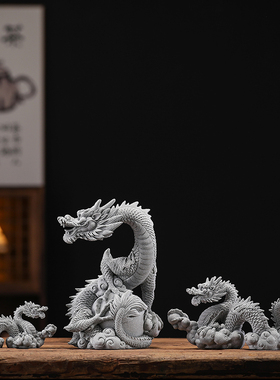 青砂石中式瑞兽盘龙祥p龙神龙鱼缸造景茶室茶桌茶宠桌面装饰品摆