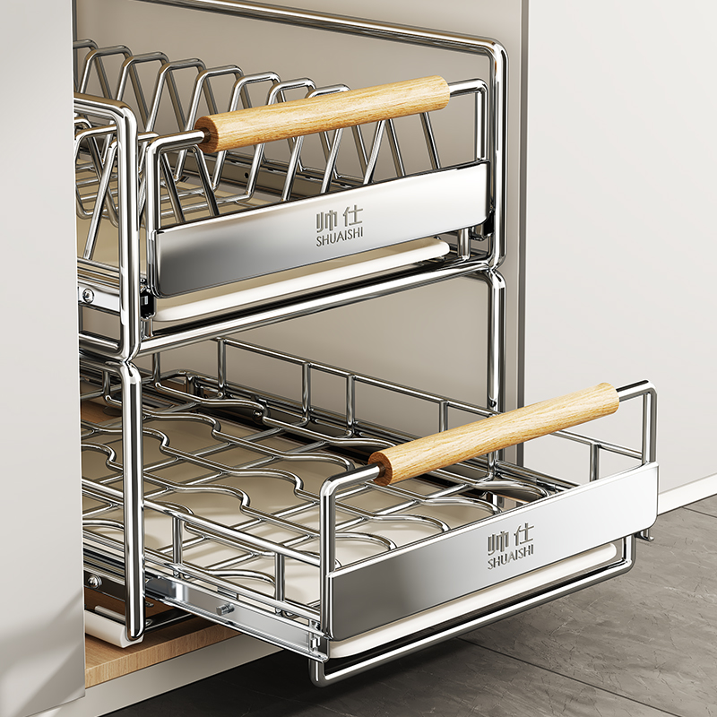 帅仕碗碟收纳架不锈钢碗架厨房置物架下水槽抽屉式拉篮碗盘沥水架 - 图0