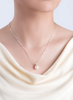 天然淡水珍珠正圆10mm吊坠925银项链锁骨链气质百搭轻奢大气