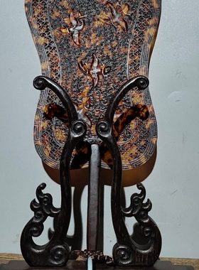 文案陈设花梨木嵌宫扇旧藏老花梨木宫扇屏风摆件古玩摆件收藏品