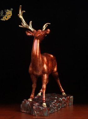 真古意 黄铜鹿摆件 铜鹿客厅书房装饰创意铜像家居工艺品摆设