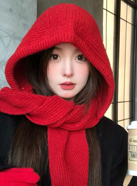 红色巴拉克拉法帽女冬季保暖针织帽加厚毛线帽子围巾一体连帽围脖