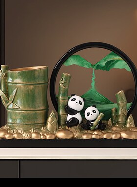 新中式节节高升熊猫流沙画摆件办公室装饰笔筒送老师乔迁毕业礼物