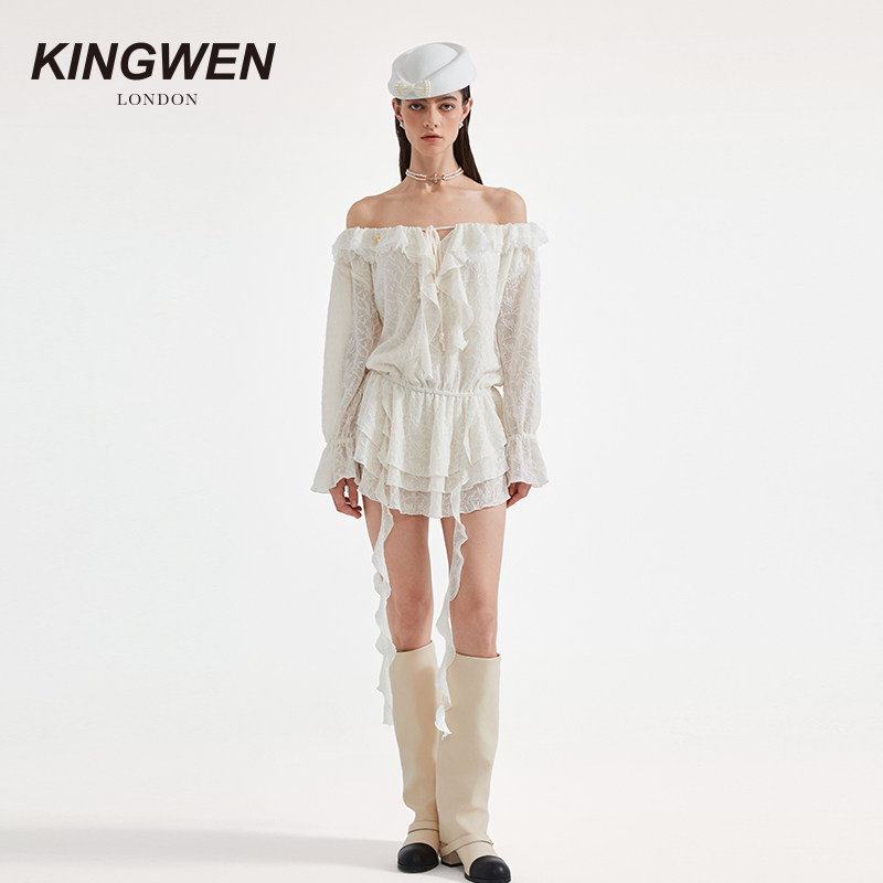 【林允同款】KINGWEN25秋季连衣裙女一字肩不规则丝带连身中短裙,淘宝优惠券,粉丝福利购,淘宝优惠卷