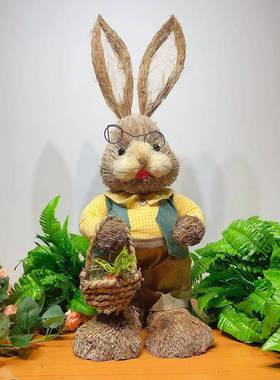 草编兔子摆件幼儿园环创植物角森系家居客厅橱窗婚庆摆件拍摄道具