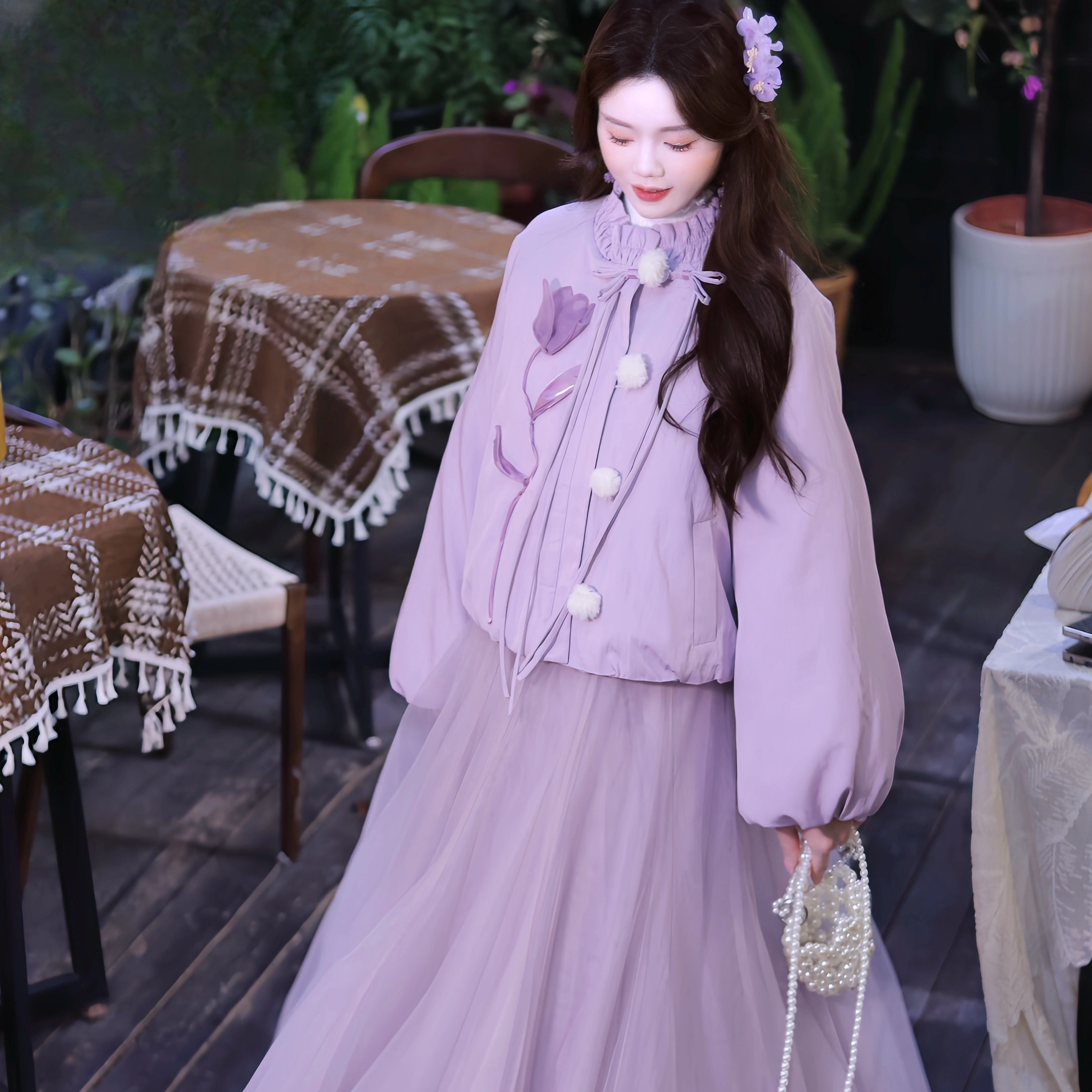 瑶西【紫郁金香】冬季立体毛球郁金香厚外套仙雾紫加绒半身裙套装,淘宝优惠券,粉丝福利购,淘宝优惠卷