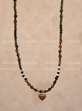 YOUJUclub-搭配指南~文艺覆古木质I爱心咖色异域名族风项炼锁骨炼
