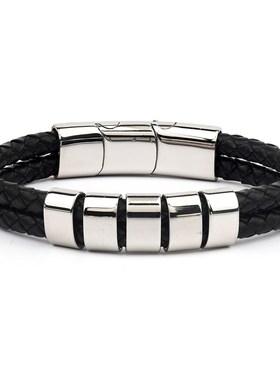 男士皮革c手链磁吸尾扣不锈钢定位环刻字父亲节礼物双层皮革手链