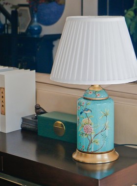 美式田园卧室床头柜摆o件创意新中式书房客厅装饰花鸟彩绘陶瓷台