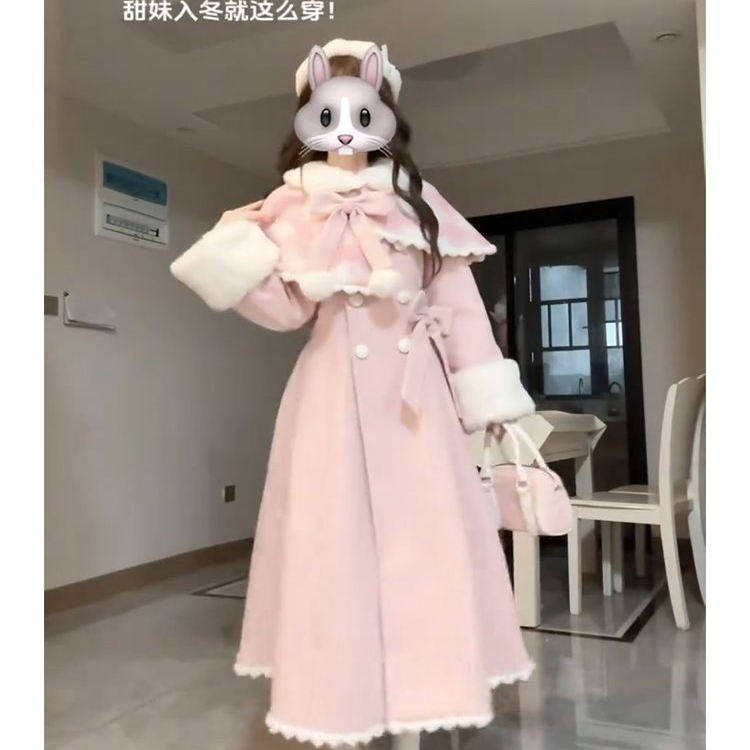冬日氛围感小个子甜美可爱粉色斗篷毛呢外套女收腰中长款呢子大衣,淘宝优惠券,粉丝福利购,淘宝优惠卷