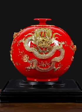 厦门漆线雕中国红陶瓷花瓶三龙聚首工艺品公司开业乔迁送礼品摆件