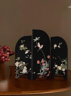 中古风水墨竹小屏风桌面摆件新中式茶桌电视柜玄关装饰品复古摆画