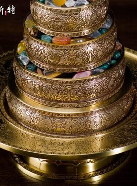 藏族曼扎盘家居客厅曼茶罗带托盘铜雕刻金刚杵八吉祥曼达盘摆件