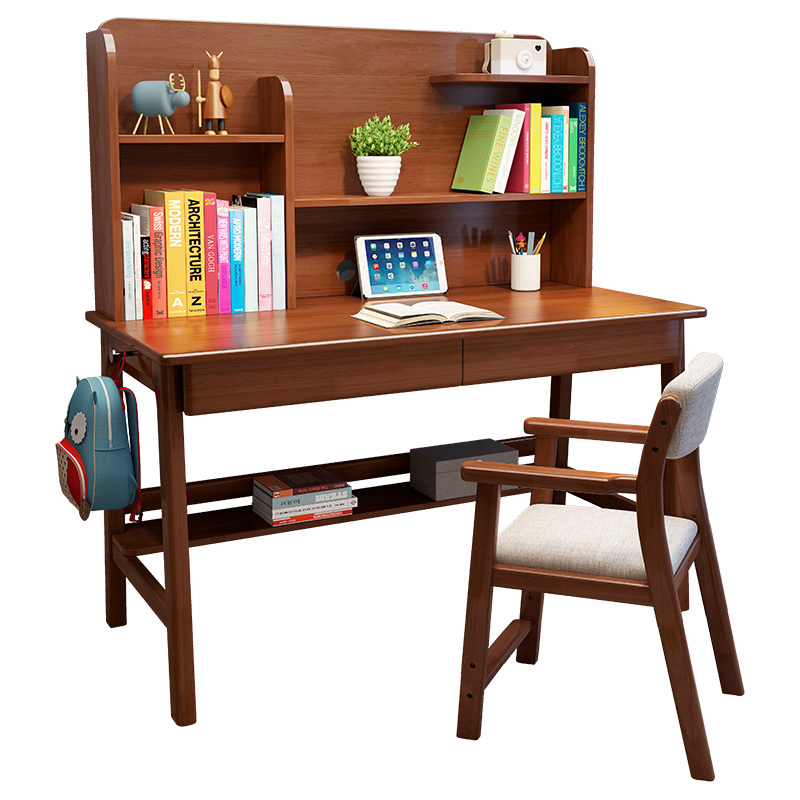 书桌学生家用实木儿童学习桌简易卧室写字桌书架一体现代简易桌子 - 图3