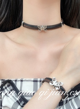 暗黑系甜酷辣妹皮革蝴蝶结项链