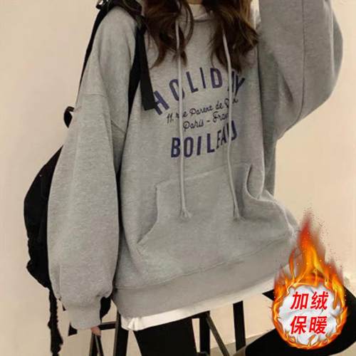 加绒连帽卫衣女ins超火2025秋冬新款宽松韩版潮cec带帽衫网红潮 - 图0