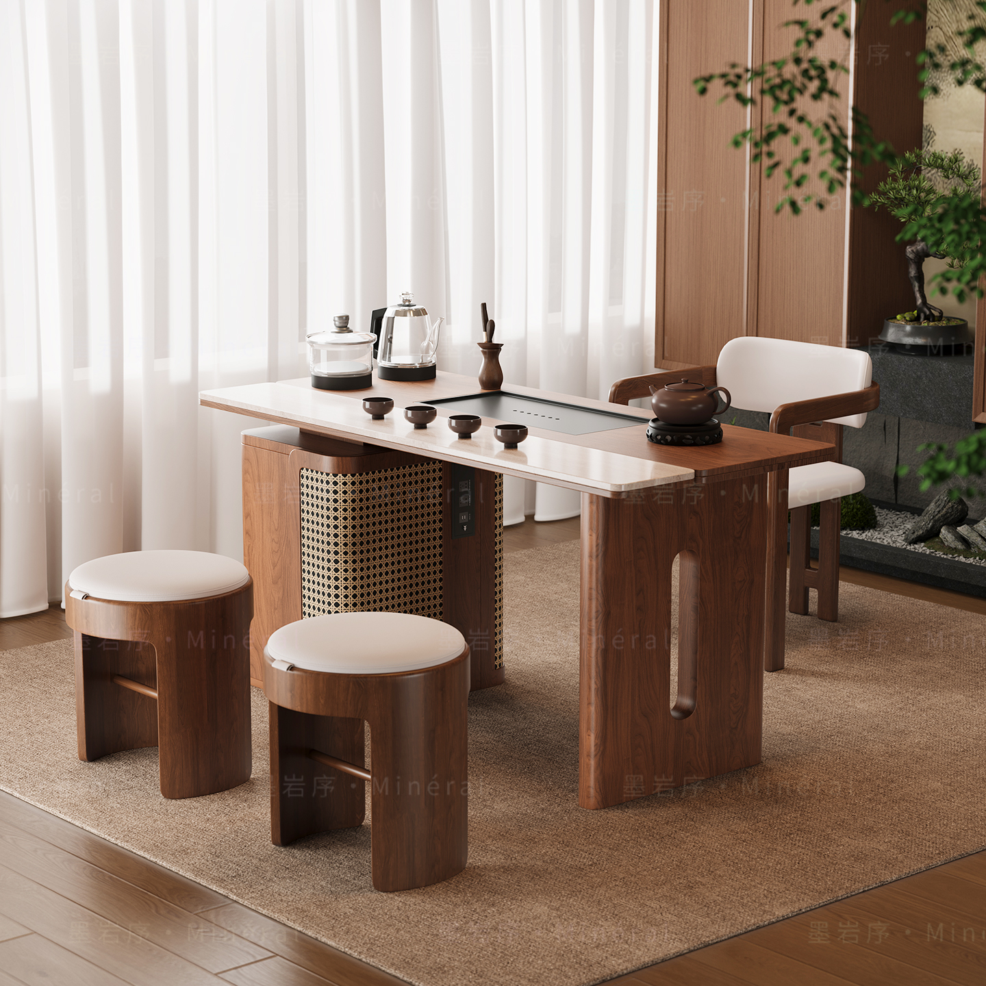 宋氏美学茶桌家用小茶台实木客厅小型高级感泡茶桌岩板阳台茶桌椅 - 图2