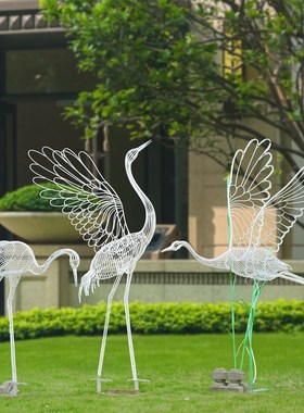 户外不锈钢真丹顶鹤摆件镂空动物雕塑园林景观公园售楼部装饰品