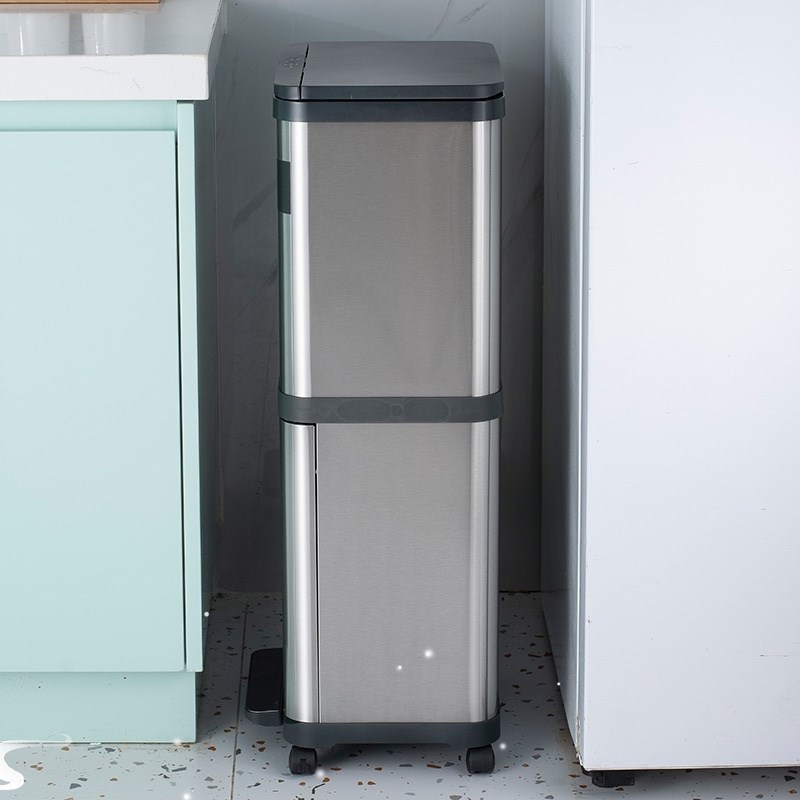 德用垃圾桶带盖双层分类不锈钢带万向轮脚踏厨房免弯腰卫生桶 - 图3