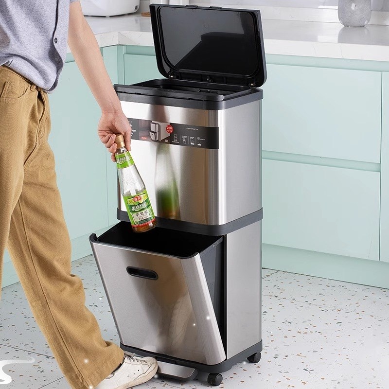 德用垃圾桶带盖双层分类不锈钢带万向轮脚踏厨房免弯腰卫生桶 - 图2
