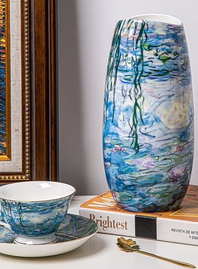 莫奈-睡莲高档花瓶骨瓷轻奢风家居装饰品现在复古高级感客厅摆件