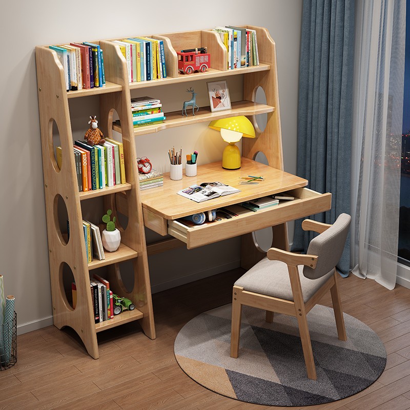 All solid wood desk bookshelf integrated table children's room study table home bedroom primary and secondary school student writing desk desk and chair