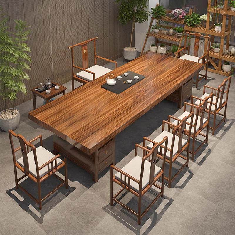 乌金实木大板茶桌椅组合一桌五椅新中式家用办公接待会客茶几茶台,淘宝优惠券,粉丝福利购,淘宝优惠卷