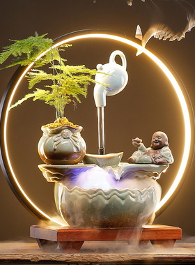 创意陶瓷招财悬壶循环流水鱼缸摆件简约家居客厅雾化开业乔迁礼品