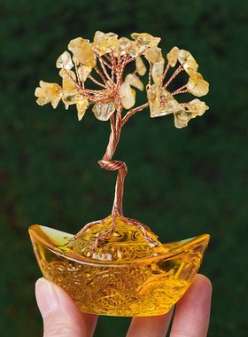 天然水晶黄水晶碎石发财树琉璃聚宝盆水晶树办公开业礼品招财摆件