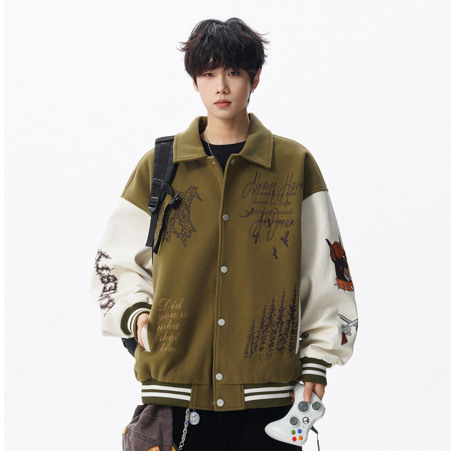 美式刺绣棒球服夹克男春秋小众拼接设计感外套宽松休闲学院风上衣,淘宝优惠券,粉丝福利购,淘宝优惠卷