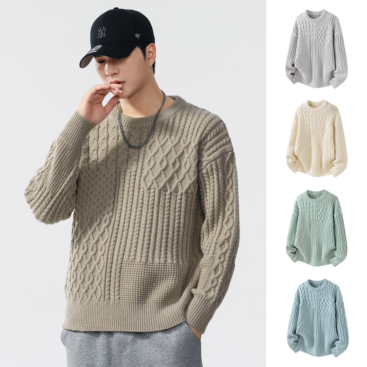 麻花圆领毛衣女男秋冬重磅加厚慵懒风宽松情侣针户外防风织衫毛衣,淘宝优惠券,粉丝福利购,淘宝优惠卷