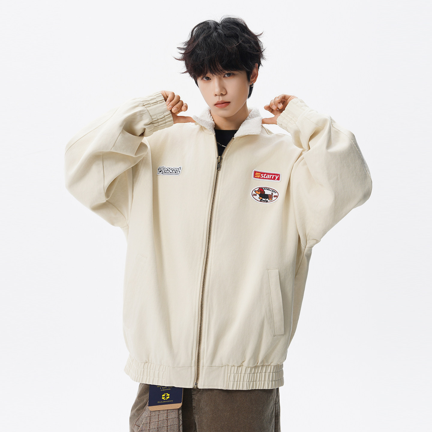 腊肠狗绣标夹克外套男款春秋季美式休闲百搭潮牌羊羔绒翻领棒球服,淘宝优惠券,粉丝福利购,淘宝优惠卷