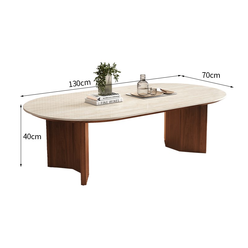 法式奶油中古风实木茶几现代简约客D厅家用小户型洞石岩板椭圆茶 - 图1