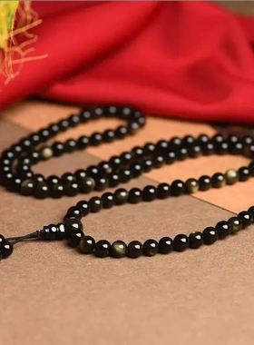 普陀山天然金曜石108颗佛珠手串男念珠女黑曜石手链女款饰品男款