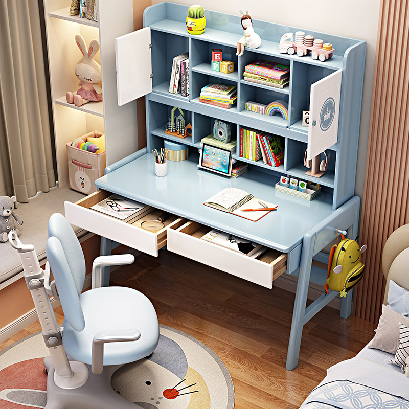All solid wood children's study table and chair set desk bookcase integrated primary school student junior high school student writing desk bookshelf combination
