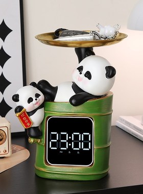熊猫入户钥匙收纳玄关摆件桌面时钟表摆台式客厅小众高级感装饰品