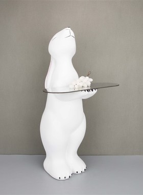 现代轻奢白色兔子托盘雕塑摆件样板房电视柜客厅V家居落地装饰品