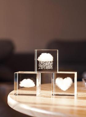 D内雕水晶方体摆件爱心方体云彩玻璃方块男女朋友情侣创意礼物IN