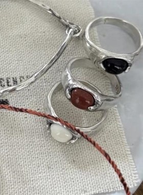 定制mars25新款纯p银戒指小众复古手工奶糖做旧简约高级天然石指